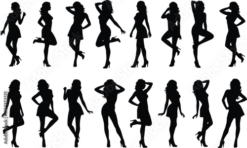 Black silhouettes of beautiful women in retro pin up style, posing elegantly with dresses and high heels, isolated vector illustration.