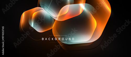 Abstract glowing shapes overlap dark background. Orange, blue hues create dynamic visual effect. Modern design element for presentations.
