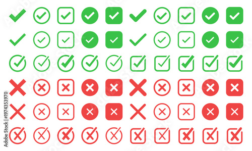 Check box icons. Tick and cross, right and wrong buttons. Yes or no checkmarks. Green and red check mark sign. Vector isolated set