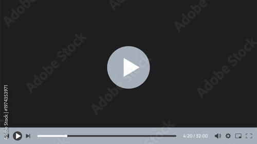 Video player interface mockup with play and control buttons for web or mobile apps. Vector template