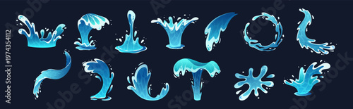 Water splashes. Cartoon blue water splash and sea waves with drops, ocean swirls, tidal flows with foam and ripple. Isolated vector marine set