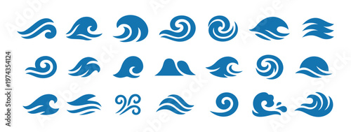 Sea water wave icons. Ocean blue waves and splashes nautical storm black tattoo symbols. Water tribal tidal streams with breeze swirls. Vector marine surf abstract logo set