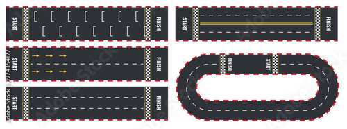 Auto rally road. Straight and ring circuit top view asphalt racetrack with start and finish line competition motor sport vector isolated speedway set for racing car game