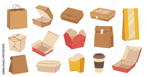 Cardboard fast food boxes, takeaway cups, bowls and paper bags, container and coffee mug one time packaging for meal delivery. Vector isolated set
