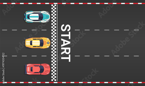 Sport racing cars on start top view. Modern racing vehicles and racetrack for bolide speed competition game. Vector cartoon illustration