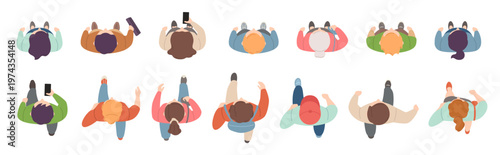 People top view. Man and woman walking and standing from above. Male and female cartoon characters for city life overhead scene. Aerial view human group. Vector isolated set