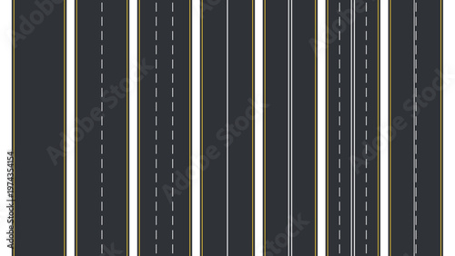 Asphalt road top view. Seamless straight highway with line. Street, empty roadway for car traffic and map. Vector isolated set