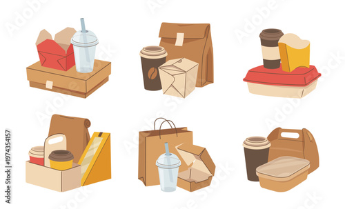 Takeaway food packaging set. Kraft boxes, cups and bags, snack carton. Fast food branding, delivery app, cafe menu, restaurant promo, package mockup. Flat vector illustration