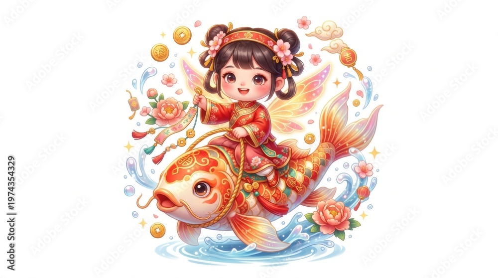 Fototapeta premium Enchanting Fairy Riding Colorful Fish in a Magical Fantasy Scene