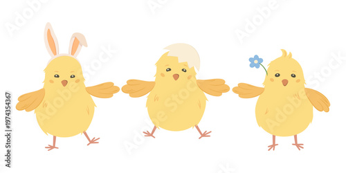 Cute Easter chicks characters set dancing and celebrating. Vector illustration of yellow baby chickens with bunny ears headband, eggshell on head and blue flower isolated on transparent background.