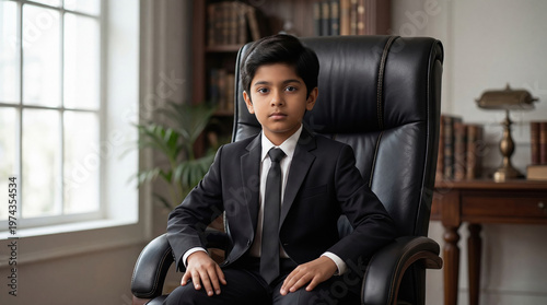 boy dressed as a professional leader sitting confidently in an office chair, symbolizing ambition, authority, and a future in business leadership.