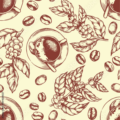 Seamless vector pattern with coffee beans and coffee cups. Vintage print in sketch style