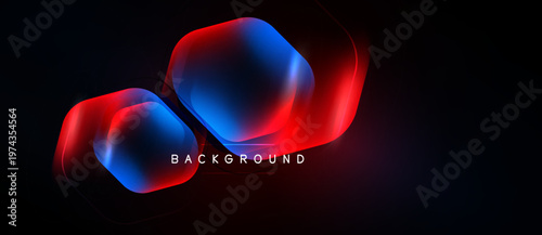 Abstract neon shapes overlap dark background. Vibrant blue, red hues create dynamic visual effect. Modern design element.