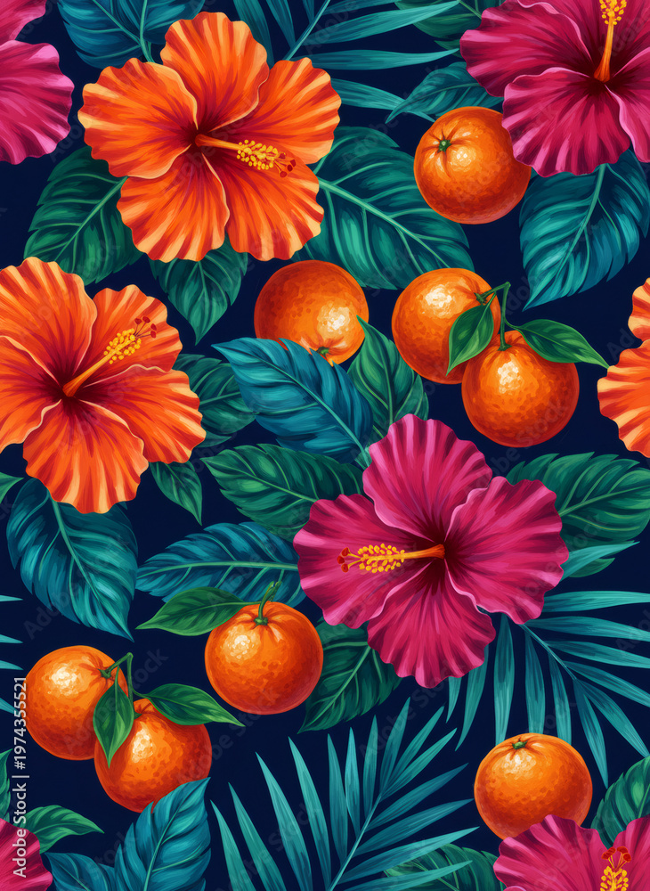 Fototapeta premium Seamless pattern with tropical hibiscus flower and orange fruit. Exotic botanical background with summer plant and citrus. Vibrant floral design for greeting card or wrapping paper.