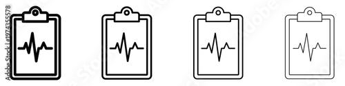 A set of medical clipboard linear icons with a heartbeat graph, presented in four different line weights. Symbol of medical history, cardiogram results, and health report. Vector illustration.