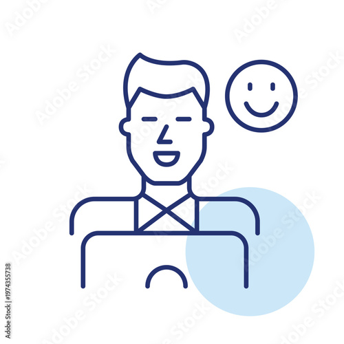 Man working at laptop and smiley. Positive user feedback and customer support. Pixel perfect, editable stroke vector icon