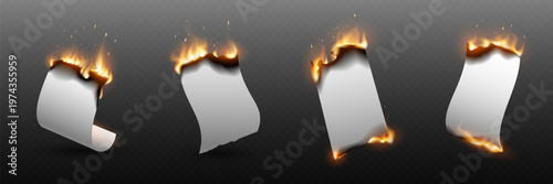 White paper documents igniting, consuming with fire and sparks on transparent background