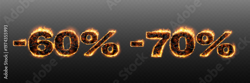 Fiery numbers showing sixty and seventy percent markdown on a transparent background