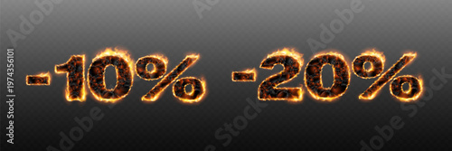 Fiery and charred numbers indicating price reductions, sales, and hot discounts.
