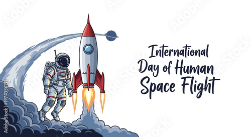 A vector illustration commemorates International Day of Human Space Flight, depicting an astronaut floating near a rocket launching into space with smoke trails against a clean white
