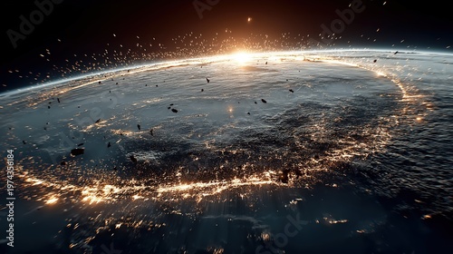 A glowing, circular ring of light and debris orbits a planet