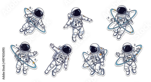Illustrations commemorate International Day of Human Space Flight, showcasing astronauts floating in space near stylized atoms against a clean white background, designed with a bright