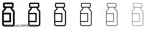 A set of linear icons of a medical vial for medicine or vaccine. Symbol of pharmacology, drug dosage, vaccination, and laboratory research. Vector illustration.