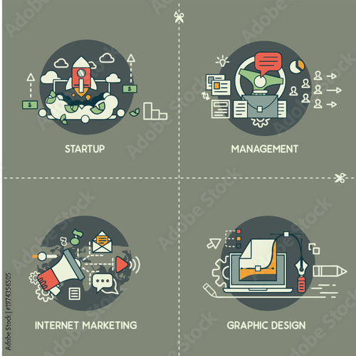 Professional vector illustration set showcasing four fundamental business concepts including startup development management processes internet marketing strategies and creative graphic design services