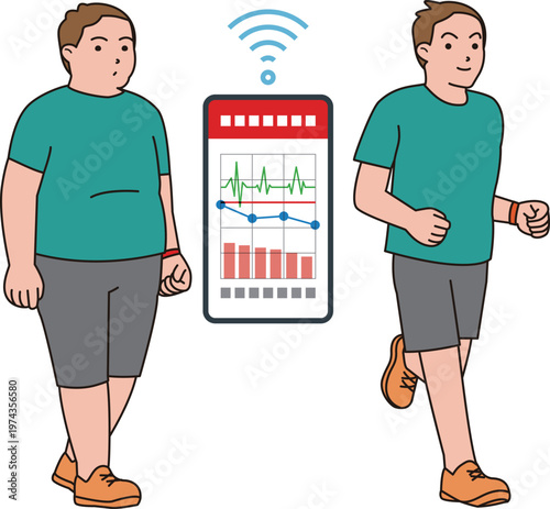肥満体型の男性がジョギングで痩せる。スマホで健康管理するイラスト。