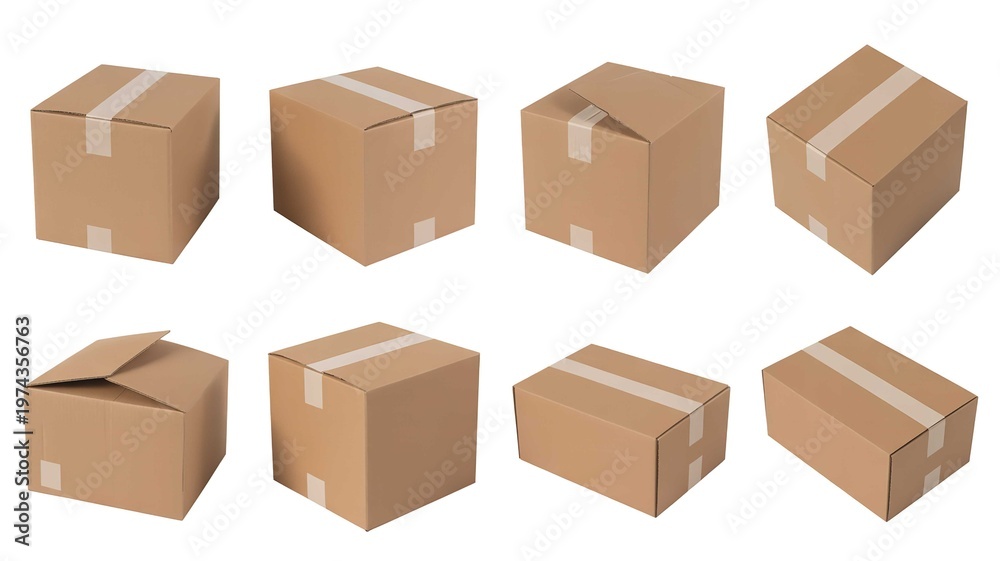 Fototapeta premium A collection of cardboard boxes in various orientations on a white background