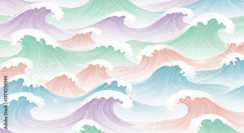 Pastel ocean waves in various colors cresting and rolling in a stylized illustration evoking a sense of calmness and serenity in a seamless pattern