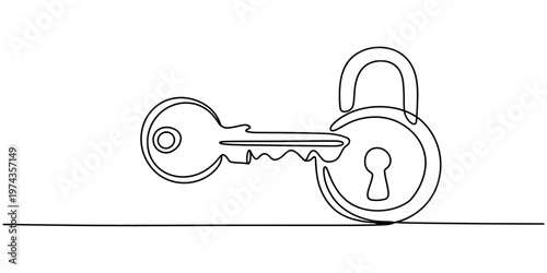 continuous one line drawing Minimalist line art key, lock icon, security symbol, simple vector graphic