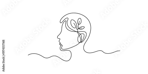 Minimalist line art woman face, leafy hair design, simple vector illustration, modern one-line drawing