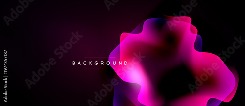 Abstract fluid shapes, vibrant pinks, blues blend into dark background. Modern design element, dynamic composition, text overlay present.