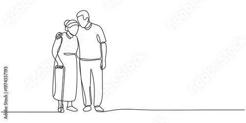 Continuous line drawing, elderly couple, senior man and woman, minimalist illustration, simple outline