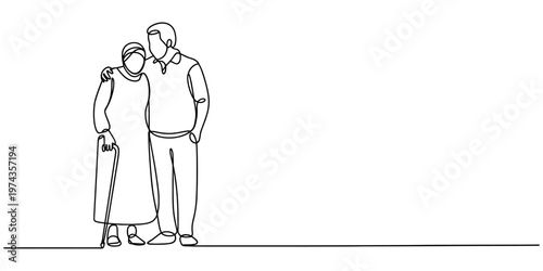 Continuous line drawing, senior couple, elderly man and woman, minimalist illustration, simple outline