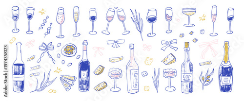 Crayon summer wine bottle, cheese crayon blue sketch illustration. Hand-drawn doodle icon for picnic menu, party invitations and Mediterranean dinner design. Vector scribble isolated on transparent.