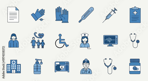 A set of eighteen blue and white flat medical icons featuring hospital-related items like a doctor, nurse, syringe, and medicine bottle.