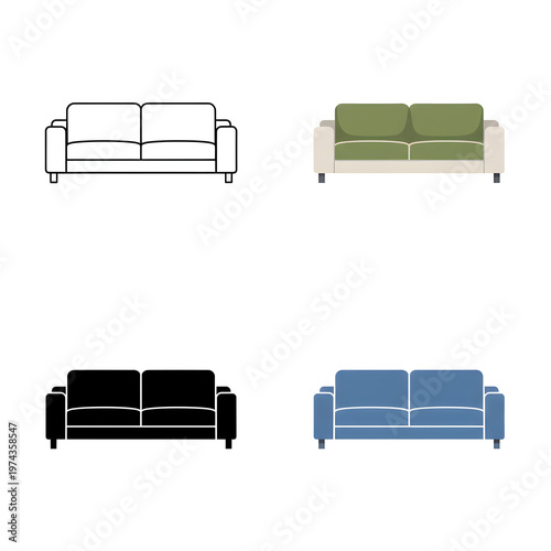 Sofa, couch, furniture icons, living room, interior design elements
