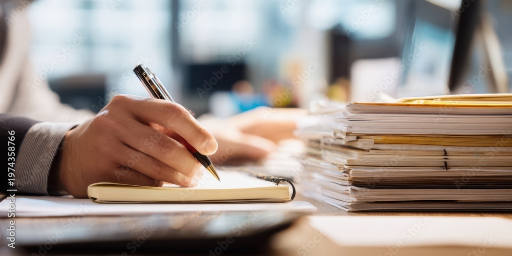 Fototapeta premium The Hand Writing Notes Beside A Stack Of Business Documents On Desk