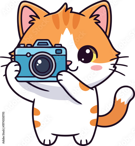 Cute Photographer Cat Camera Cartoon Flat Vector Illustration