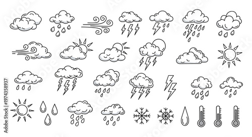 Hand-drawn outline weather icons collection showing various atmospheric conditions like sun, clouds, rain, snow, wind, and lightning for forecasting and climate