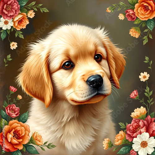 Portrait of a golden retriever puppy with flowers
