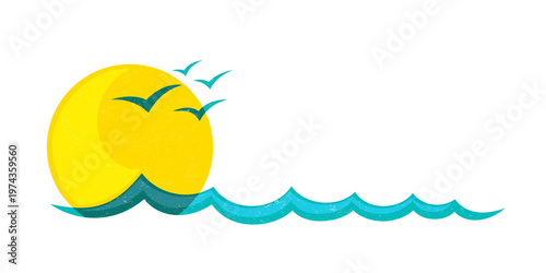A sun symbol with sea and seagulls.