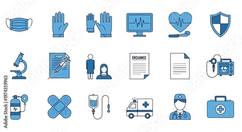 This vector image features a collection of eighteen medical-themed icons in blue and white, depicting essential healthcare equipment and services.