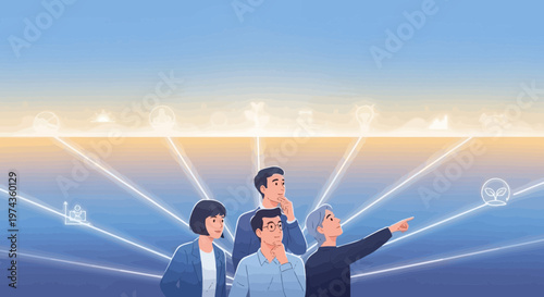 Diverse group of people contemplating future possibilities.