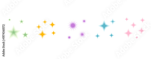 Colorful gradient star sparkles with soft blur effects. Sparks transparent mesh elements creating dreamy abstract shapes for modern gradient design project. Vector translucent starry set isolated.