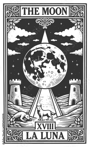 tarot card illustration featuring human-faced moon, stars, towers, dog and lobster, intuition, illusion, and mystery sketch engraving generative ai vector illustration. Scratch board. Black and white.