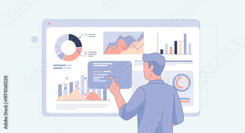 Man analyzing financial data on a digital dashboard with charts and graphs.