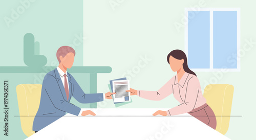 Man and woman in business meeting exchanging documents.